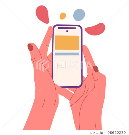 Cartoon hand holding cellphone, human hand touch smartphone screen. Hand holding gadget, fingers scrolling and tapping device screens flat symbols illustration. Mobile phone in hand 98690220