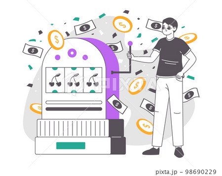 Gambling lucky winner, slot machine happy player. Man playing casino games, jackpot prize winning, one-armed bandit machine flat vector illustration. Spin game combination win concept Gambling lucky winner, slot machine happy player. Man playing casino games, jackpot prize winning, one-armed bandit machine flat vector illustration. Spin game combination win concept 98690229