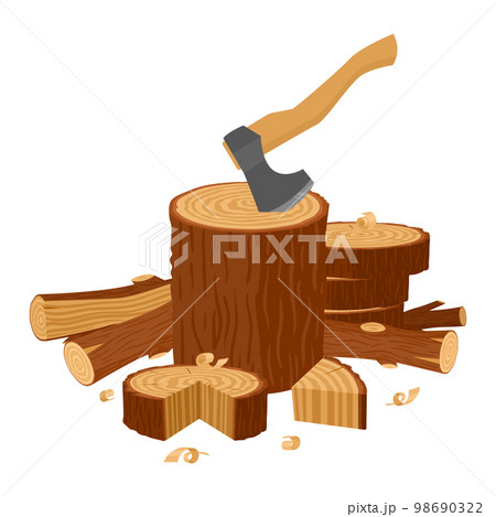 Wooden logs with ax, wood chopping. Cartoon tree trunks, firewood, wooden logs, lumberjack workplace flat vector background illustration. Stacked woodwork products 98690322