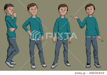 cartoon spokesperson young man standing 4 poses showing thinking free style full length illustration 98690849