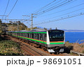 湘南の海沿いを走る東海道線 98691051
