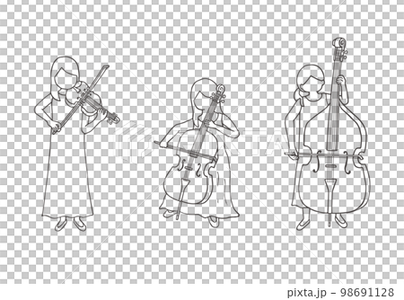 Hand-drawn illustration of a woman playing a stringed instrument (monochrome line drawing) Hand-drawn illustration of a woman playing a stringed instrument (monochrome line drawing) 98691128