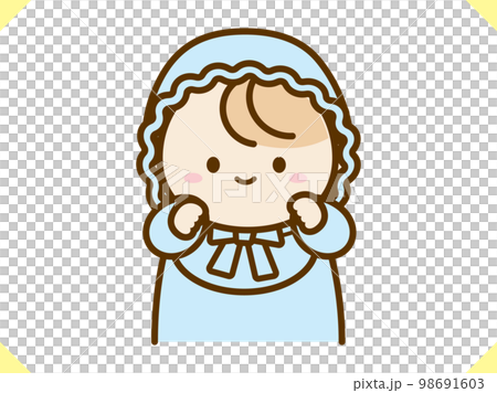 帽子をかぶった赤ちゃん水色のドレス 帽子をかぶった赤ちゃん水色のドレス 98691603