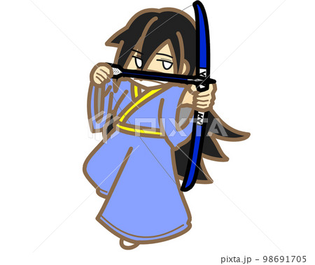 青色の弓矢を構える女弓兵 98691705