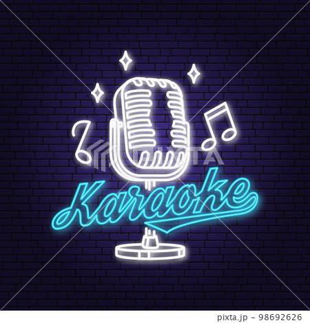 Karaoke neon poster, banner. Neon sign, emblem, bright signboard, light banner with retro microphone. Vector illustration. Advertising bright night karaoke for night club. Design template 98692626