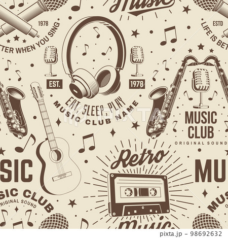 Retro music club seamless pattern. Background with retro microphone, saxophone, audio cassette, classical acoustic guitar, headphones with sunburst. Concept for background or wallpaper. Vector 98692632