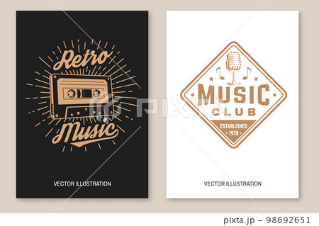 Retro music poster, banner. Retro Audio cassette tape with sunburst and microphone vintage typography design for t shirt, emblem, logo, badge design. Vector illustration 98692651