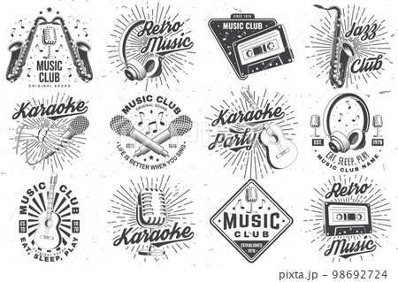Retro music poster, banner. Retro microphone, saxophone , audio cassette, classical acoustic guitar with sunburst vintage typography design for t shirt, emblem, logo, badge design. Vector illustration Retro music poster, banner. Retro microphone, saxophone , audio cassette, classical acoustic guitar with sunburst vintage typography design for t shirt, emblem, logo, badge design. Vector illustration 98692724