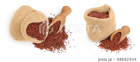red quinoa seeds in bag isolated on white background with full depth of field. Top view. Flat lay. red quinoa seeds in bag isolated on white background with full depth of field. Top view. Flat lay. 98692934