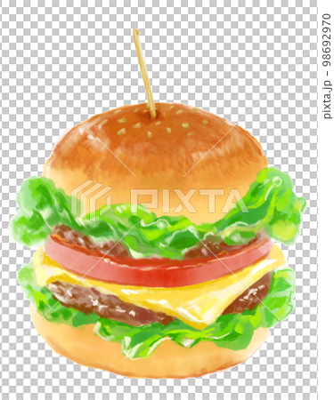 Watercolor illustration of a hamburger with a mouthwatering pick Watercolor illustration of a hamburger with a mouthwatering pick 98692970