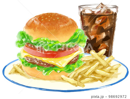 おいしそうなピックの刺さったハンバーガーとポテトとコーラの水彩イラスト 98692972