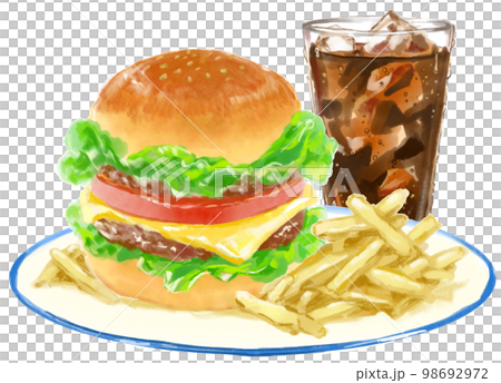 おいしそうなピックの刺さったハンバーガーとポテトとコーラの水彩イラスト 98692972