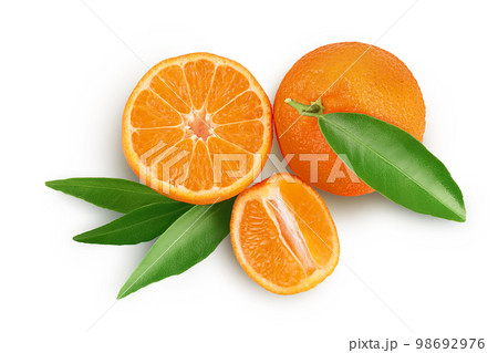 Tangerine or clementine with green leaf isolated on white background with full depth of field. Top view. Flat lay 98692976