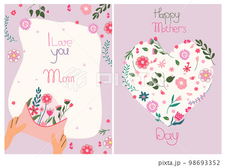 A heart of wildflowers and a bouquet inside an envelope. Mother's Day greeting cards. Bright compositions suitable for banners, posters, cards. Vector graphics. 98693352