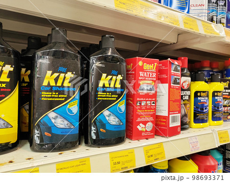 JOHOR, MALAYSIA -FEBRUARY 3, 2022: Various car care products on display for sale. Separated by category, brand, type and price. Have a price tag to make it easier for customers. JOHOR, MALAYSIA -FEBRUARY 3, 2022: Various car care products on display for sale. Separated by category, brand, type and price. Have a price tag to make it easier for customers. 98693371
