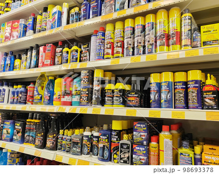JOHOR, MALAYSIA -FEBRUARY 3, 2022: Various car care products on display for sale. Separated by category, brand, type and price. Have a price tag to make it easier for customers. 98693378