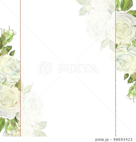 Watercolor illustration. Square frame with white roses with translucent veil and gold edging. Place for inscription or text. Isolated on a white background.For design of card, wedding invitation 98693423