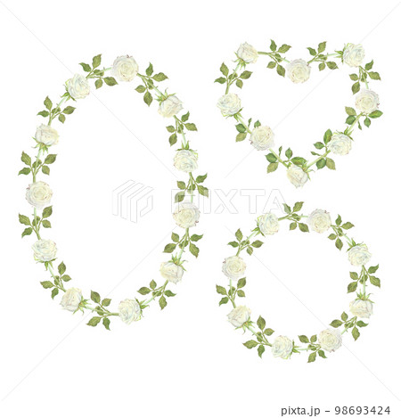 Watercolor illustration. Set of wreaths of white roses. Circle, oval, heart. Place for inscription or text. Isolated on a white background. For design of dishes, greeting card, wedding invitation 98693424