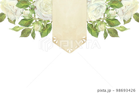 Watercolor illustration. Rectangular template for wedding invitations with white roses. Place for inscription or text. Isolated on a white background.For design of card, stickers 98693426