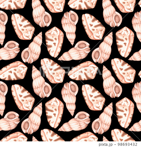 Seashells seamless pattern. Watercolor illustration. Isolated on a black background. 98693432