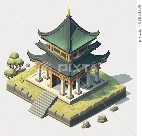 Cartoon isometric East Asian green pagoda building on white background. Generative AI 98693539