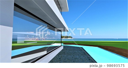 A stunning luxury villa with a glass facade, a teal pool and a green meadow, built on the shores of a picturesque ocean bay. 3d rendering. A stunning luxury villa with a glass facade, a teal pool and a green meadow, built on the shores of a picturesque ocean bay. 3d rendering. 98693575