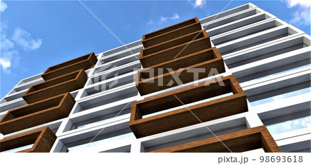 Bottom view of a white building with balconies finished with a facade board in a house built according to the most modern environmental standards. 3d rendering. 98693618