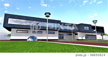 One of the options for finishing the facade of a modern private house with white and black moisture-resistant plaster. 3d rendering. 98693624