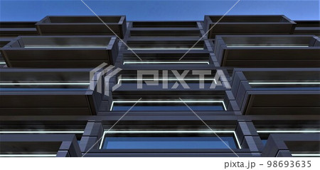 Bottom view of the contemporary apartment building facade made of metal walls and panoramic windows. 3d rendering. 98693635