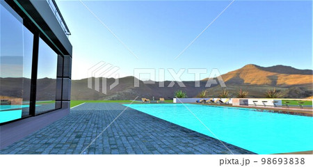 Amazing morning in the yard of the contemporary house with pool in the sunny mountains. 3d rendering.house, home, architecture, modern, sky, exterior, pool, contemporary, estate, patio, outside, blue, 98693838