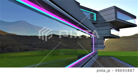 The project of a technological house of the future in an ecological mountainous area with clean air. Each floor independently rotates around its own axis. 3d rendering. 98693887