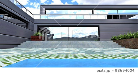 Exit from the house to the courtyard with amazing pool. Lawn pavement around. Wide concrete steps of the porch with glass doors. Fenced terrace is above. 3d rendering. 98694004
