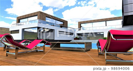 Several steel sun loungers with red covering on the deck in front of the pool in the courtyard of the newly built elite dwelling in mountains region. 3d rendering. 98694006