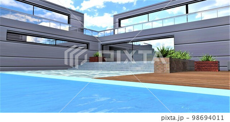 Waves in the blue water pool in front of the glass door entrance to the contemporary private house constructed according to a stunning design. 3d rendering. Waves in the blue water pool in front of the glass door entrance to the contemporary private house constructed according to a stunning design. 3d rendering. 98694011