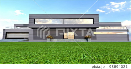 A wonderful meadow with green grass in front of the entrance to a private family house built according to a trendy project in a prestigious area. 3d rendering. 98694021