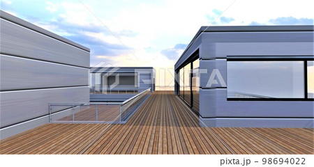 An open plank terrace on the second floor of a compact club hotel. Great opportunity to get some fresh air after lunch. 3d rendering. 98694022