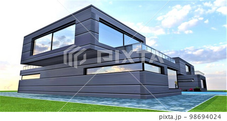 Contemporary shape of the private house finished with trending building materials. 3d rendering. 98694024