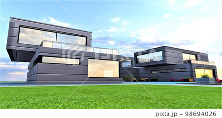 Expensive house built according the latest construction technologies in a world. Amazing green lawn in an clean ecological region. 3d rendering. 98694026