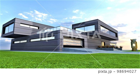 Garage and porch of the contemporary country dwelling constructed on the amazing lawn in an ecologicaly clean region. 3d rendering. 98694027