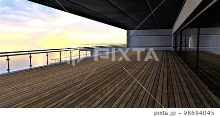 Spacious terrace with wooden flooring, glass railing and large sliding panoramic doors overlooking a magnificent pink sunset over a picturesque lake. 3d rendering. Spacious terrace with wooden flooring, glass railing and large sliding panoramic doors overlooking a magnificent pink sunset over a picturesque lake. 3d rendering. 98694045