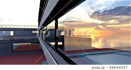The setting sun, hiding behind the clouds, is reflected in the wide panoramic window of a wonderful private house built in the steppes of central Ukraine. 3d rendering. The setting sun, hiding behind the clouds, is reflected in the wide panoramic window of a wonderful private house built in the steppes of central Ukraine. 3d rendering. 98694047