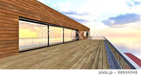 Wonderful balcony design. Terrace board on the floor. Wooden wall decoration is combined with large tinted windows. 3d rendering. Wonderful balcony design. Terrace board on the floor. Wooden wall decoration is combined with large tinted windows. 3d rendering. 98694048