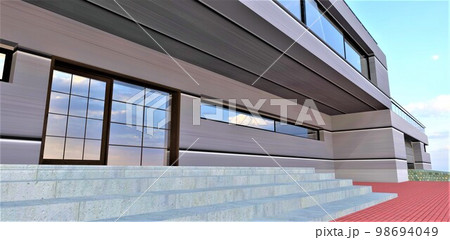Climbing the steps of the concrete stairs of the porch of a private technological estate. A suitable banner for advertising suburban luxury housing. 3d rendering. Climbing the steps of the concrete stairs of the porch of a private technological estate. A suitable banner for advertising suburban luxury housing. 3d rendering. 98694049