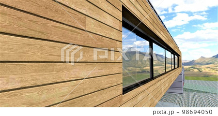 Facade board as a wall covering for a stylish foreign home in a minimalist style for people who prefer sustainable solutions in the construction of a family home. 3d rendering. Facade board as a wall covering for a stylish foreign home in a minimalist style for people who prefer sustainable solutions in the construction of a family home. 3d rendering. 98694050