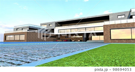 Large suburban house located in USA. Paved walkway with blue curb on the green lawn in the yard. 3d rendering. Large suburban house located in USA. Paved walkway with blue curb on the green lawn in the yard. 3d rendering. 98694053