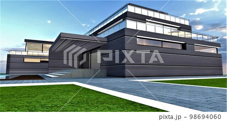The porch of the private dwelling. Facade made of aluminium alloy. Stylish walkway paved with natural granite stones. 3d rendering. 98694060