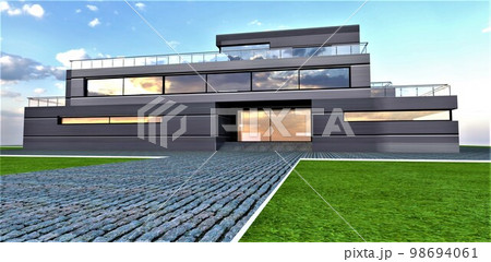 The walkway paved with natural gray granite limited by white curb on the green lawn in front of the entrance to contemporary private house. 3d rendering. 98694061