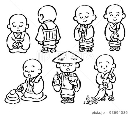かわいい子供のお坊さんの手描きイラストセット　単色線画のみ　 98694086