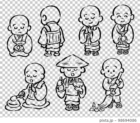 かわいい子供のお坊さんの手描きイラストセット　単色線画のみ　 98694086