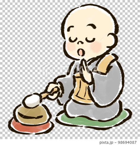 A hand-drawn illustration of a child monk chanting Buddhist prayers while beating a wooden fish 98694087